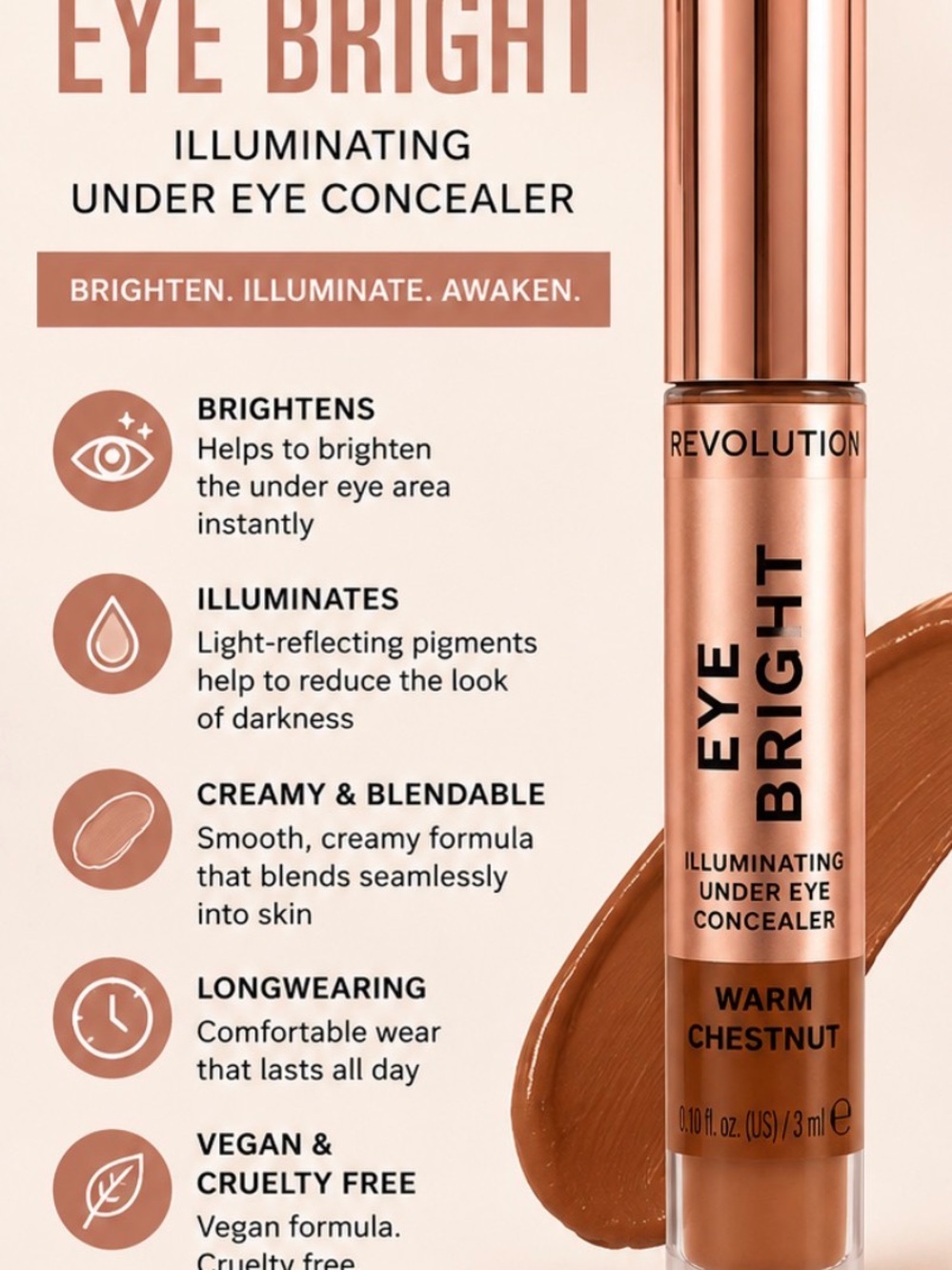 Revolution Eye Bright Illuminating Under Eye Concealer — Warm Chestnut (Brown)
